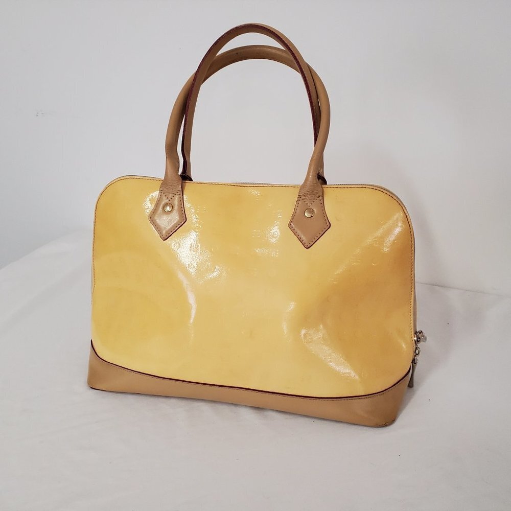 Arcadia Patent Leather Bag Purse Satchel Double Handles Yellow Tan Vintage